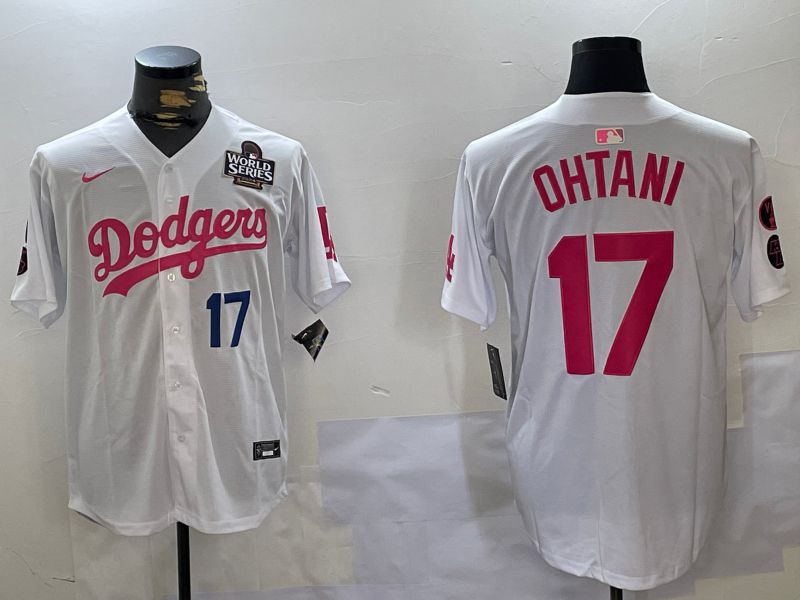 Men Los Angeles Dodgers 17 Ohtani White pink joint name 2024 Nike MLB Jersey style 10273